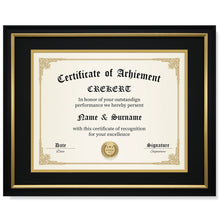 Load image into Gallery viewer, CREKERT Diploma Frame 11x14 Picture Frame Solid Wood Shatter-Resistant Glass for Documents Certificate Blackgold Frame 8.5x11 with Mat (Black Mat, 1 Pack)
