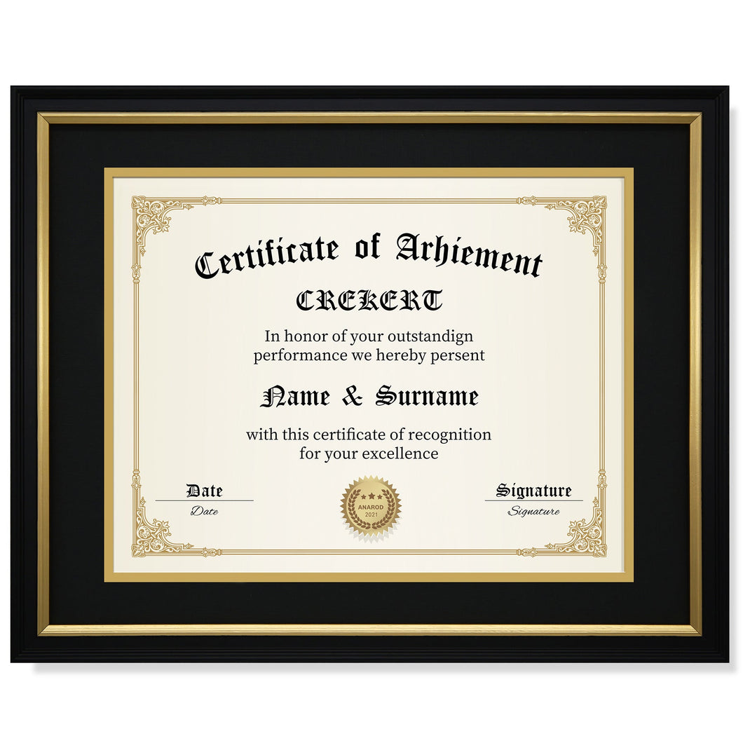 CREKERT Diploma Frame 11x14 Picture Frame Solid Wood Shatter-Resistant Glass for Documents Certificate Blackgold Frame 8.5x11 with Mat (Black Mat, 1 Pack)