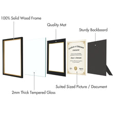 Load image into Gallery viewer, CREKERT Diploma Frame 11x14 Picture Frame Solid Wood Shatter-Resistant Glass for Documents Certificate Blackgold Frame 8.5x11 with Mat (Black Mat, 1 Pack)
